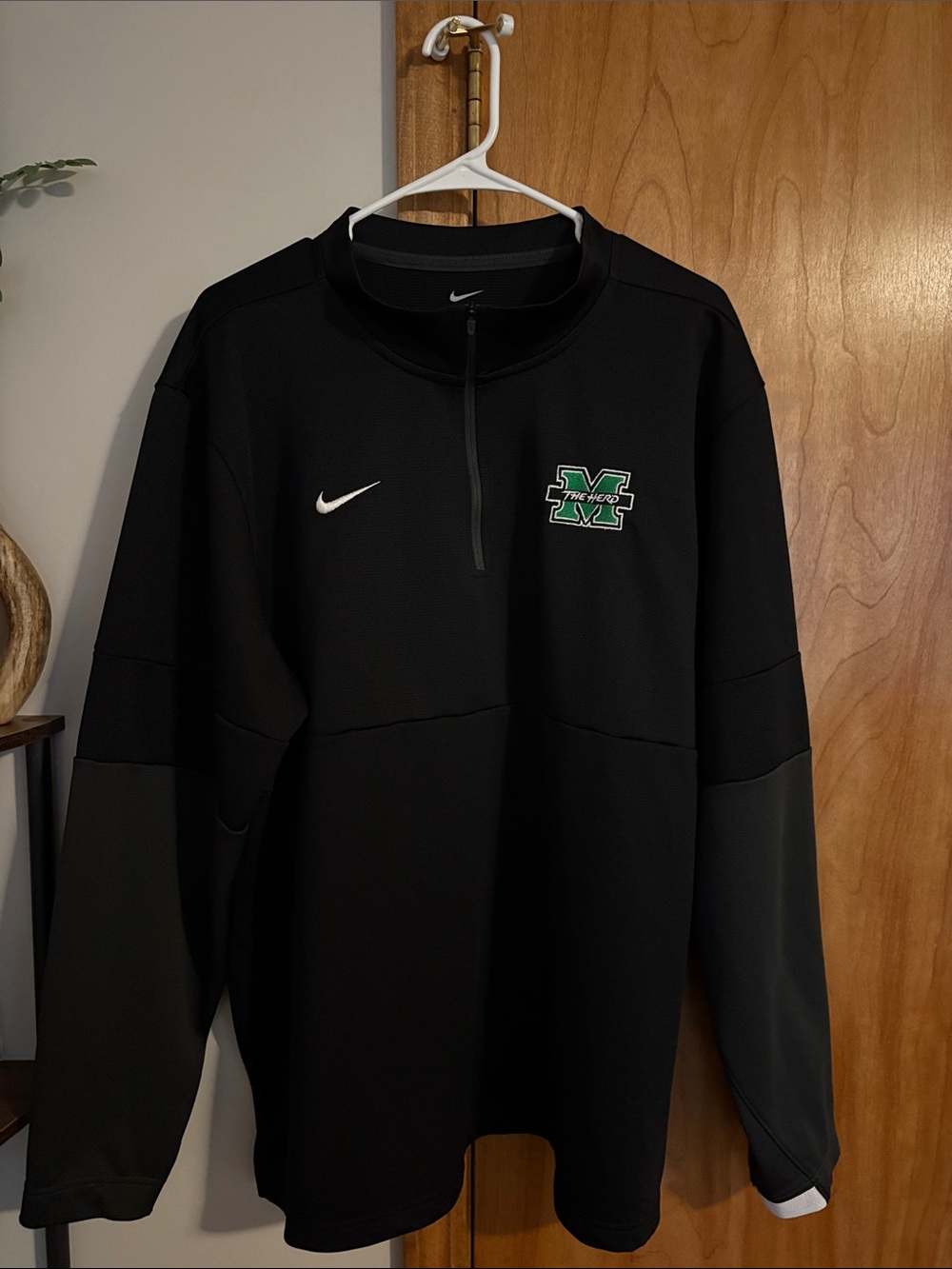 Nike Men’s Black Quarter-Zip Pullover with White Swoosh and Marshall Logo